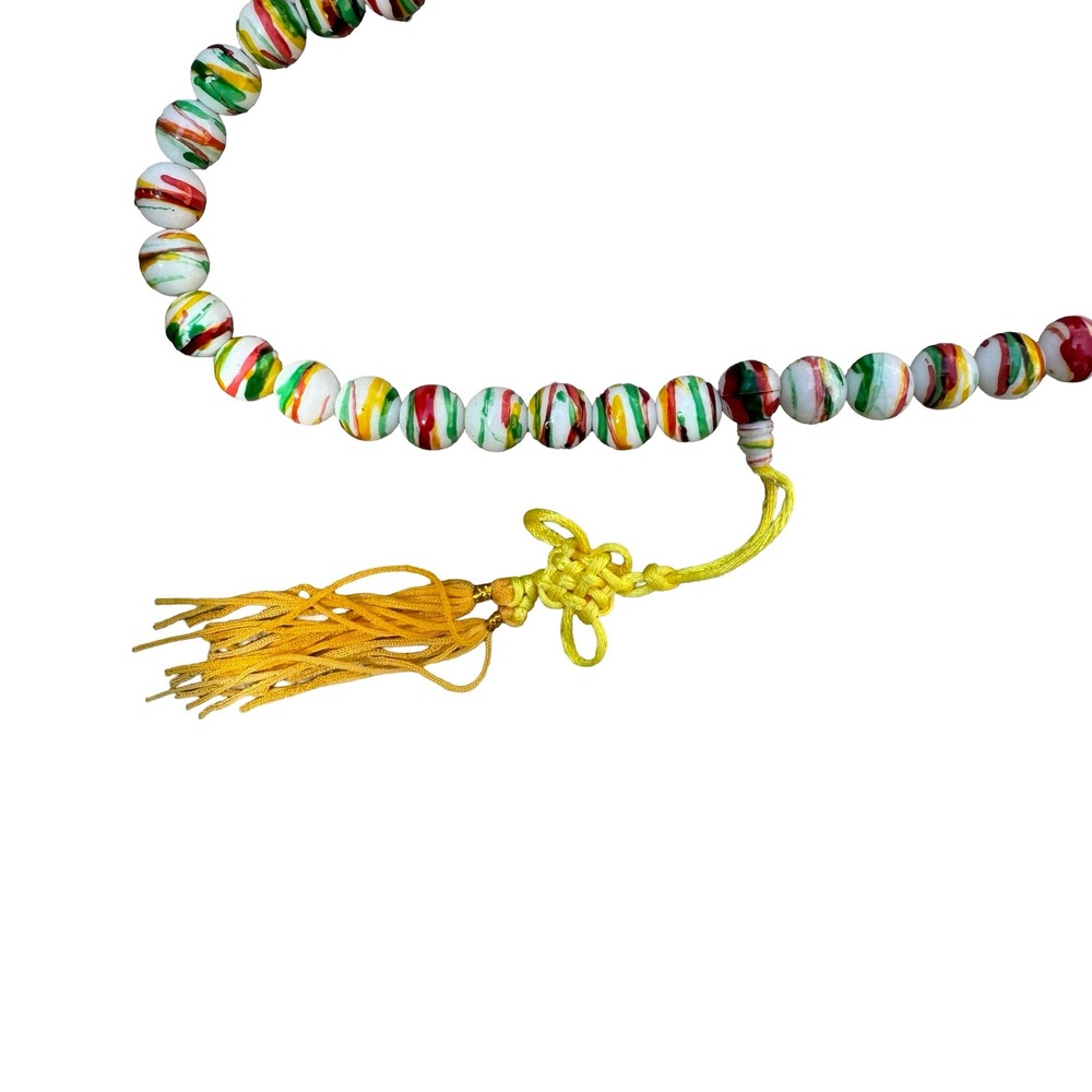 Hand Painted Striped Glass Bead Necklace Yellow Tassel Chinese Knot Multicolor - Picture 6 of 10